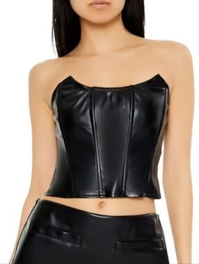 NWT Forever21 Black Strapless Faux Leather Corset Top